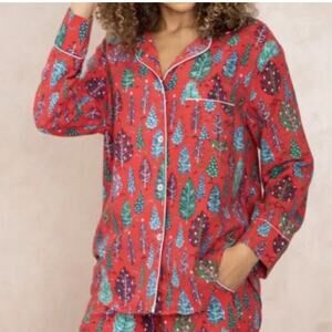Print Fresh Anthropologie Pajama Set Womens Size XL Pants & Button Down Cozy PJs